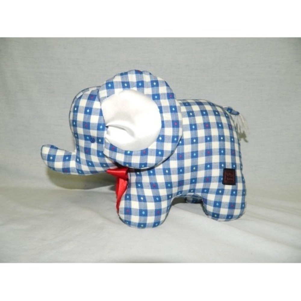KATE FINN baby Rattle Elephant plush 10" Blue White Checkstuffed Gingham